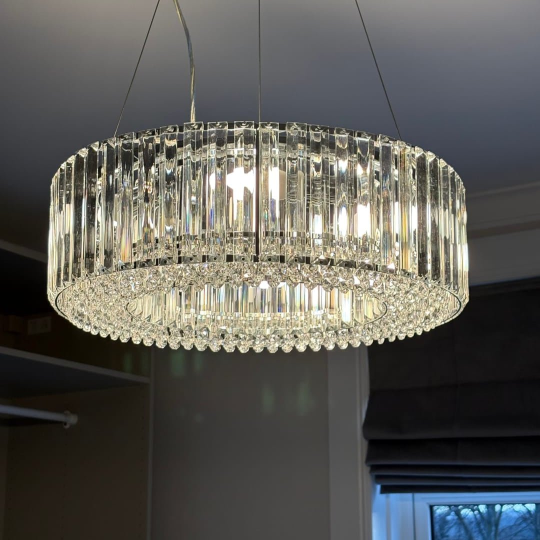 Round Chrome Fixture with Faceted Accents 20-Inch 6-Socket Adjustable Hanging Lamp for Foyer Dining Living Room Kitchen
