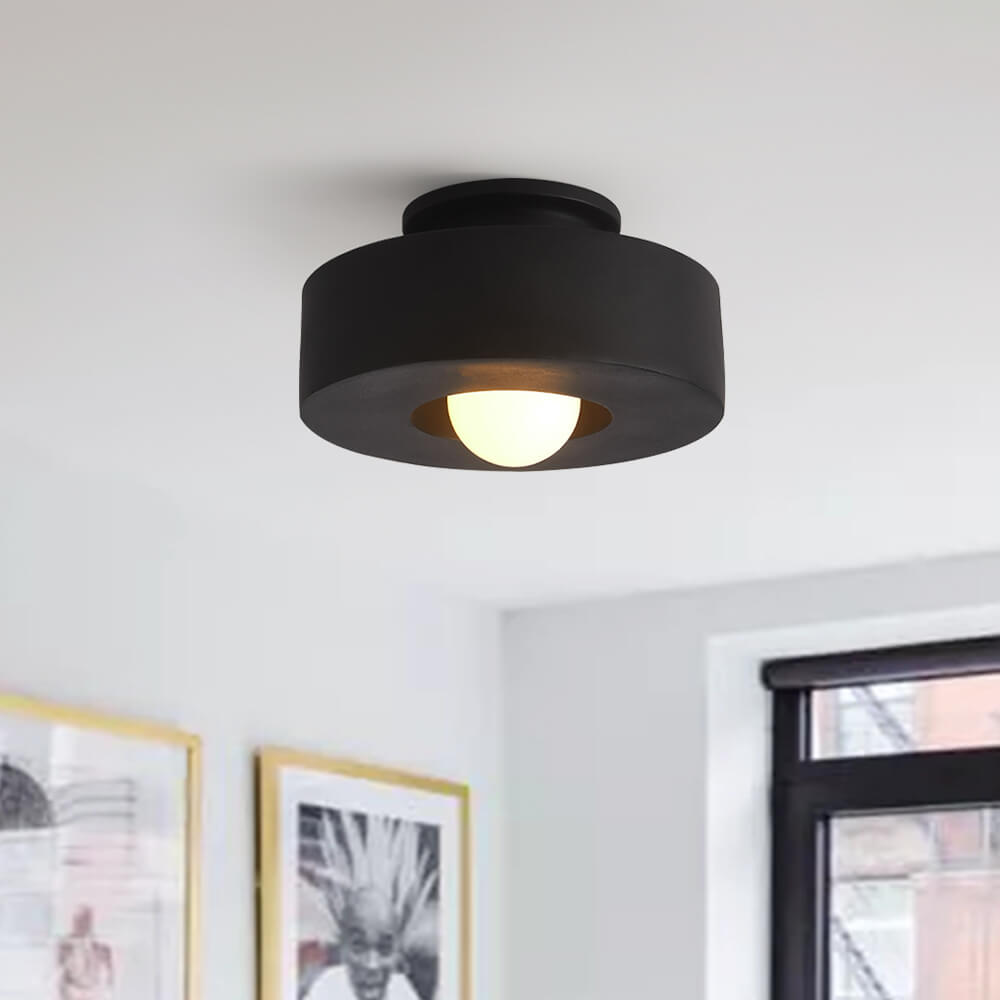 Flush Mount Drum Fixture 12-Inch Resin Shade Adjustable Brightness for Bedroom Den Hallway Low Profile 6-Inch Height Minimalist Japanese Sty