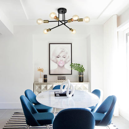 24-Inch Starburst Semi-Flush Ceiling Light with 6 Arms for Low Ceilings | Metallic Finish | Hardwired Dining Room & Kitchen Overhead Fixture