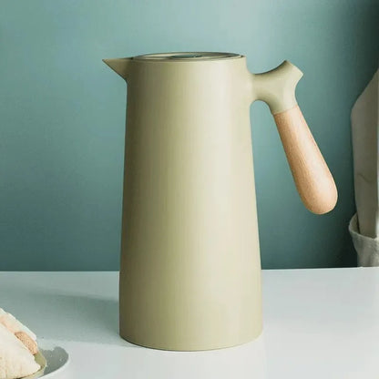 Insulated Glass Carafe with Wood Handle for Coffee Tea Water 34 oz Hot Cold Beverage Pitcher Vacuum Flask