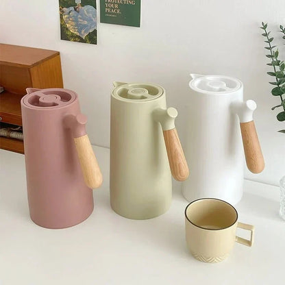 Insulated Glass Carafe with Wood Handle for Coffee Tea Water 34 oz Hot Cold Beverage Pitcher Vacuum Flask