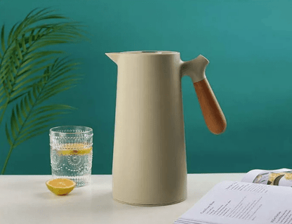 Insulated Glass Carafe with Wood Handle for Coffee Tea Water 34 oz Hot Cold Beverage Pitcher Vacuum Flask