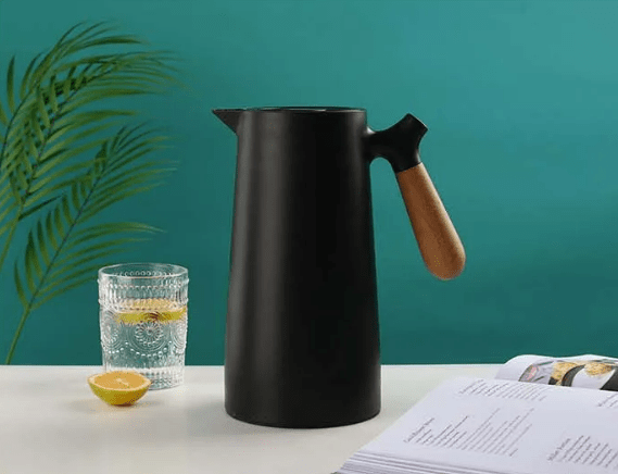 Insulated Glass Carafe with Wood Handle for Coffee Tea Water 34 oz Hot Cold Beverage Pitcher Vacuum Flask