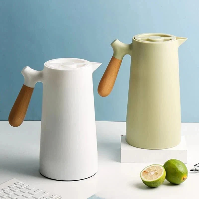 Insulated Glass Carafe with Wood Handle for Coffee Tea Water 34 oz Hot Cold Beverage Pitcher Vacuum Flask