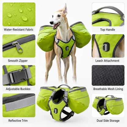 Ortekor Dog Saddlebag Backpack Harness for Hiking & Camping - Hands-Free Storage for Water, Treats & Trail Essentials