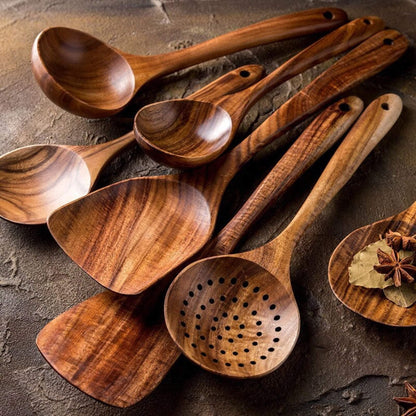 7-Piece Teak Kitchen Tool Set with Ergonomic Grip for Safe Nonstick Pan Use, Soup Stirring, Sauce Prep, Family Meals, Organized Countertop S
