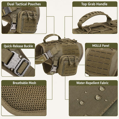 Ortekor TrailGuard K9 Tactical Dog Backpack Harness with Dual Side Pouches for Hiking, Camping & Outdoor Walks