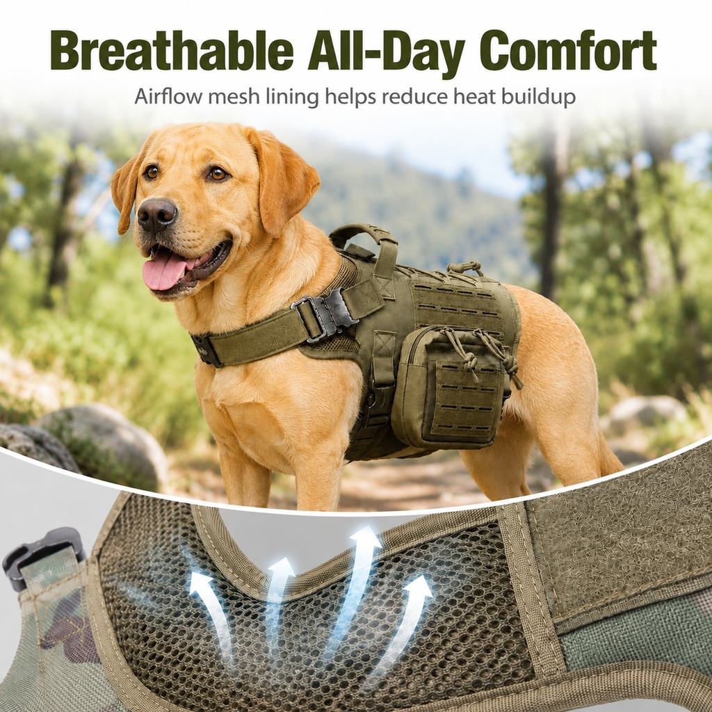 Ortekor TrailGuard K9 Tactical Dog Backpack Harness with Dual Side Pouches for Hiking, Camping & Outdoor Walks