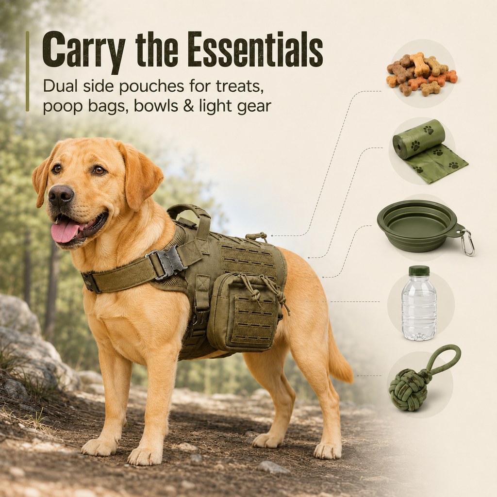 Ortekor TrailGuard K9 Tactical Dog Backpack Harness with Dual Side Pouches for Hiking, Camping & Outdoor Walks