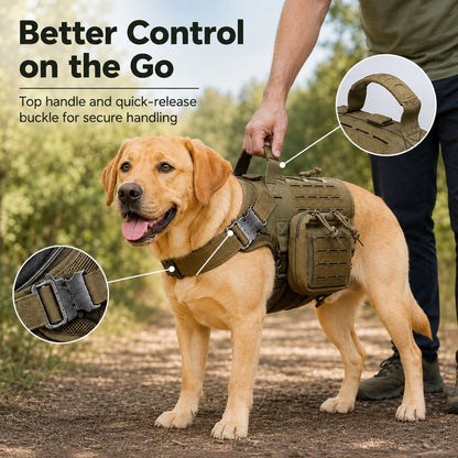 Ortekor TrailGuard K9 Tactical Dog Backpack Harness with Dual Side Pouches for Hiking, Camping & Outdoor Walks