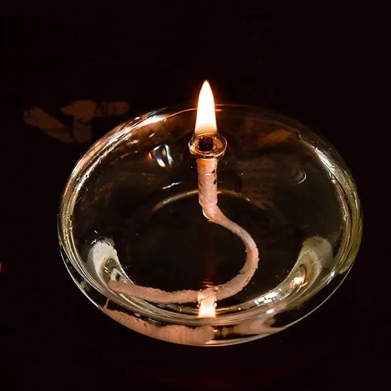Clear Glass Oil Lamp Candle Holder with Wick for Table Centerpiece | Rustic Tabletop Lighting | Ambient Flame Décor for Dining Room