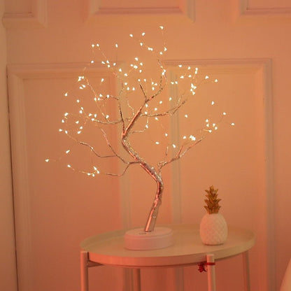 Cordless Tree Silhouette LED Accent Light for Nightstand Battery or USB Powered 19 inch Decorative Copper Lamp for Bedside Reading Home Offi
