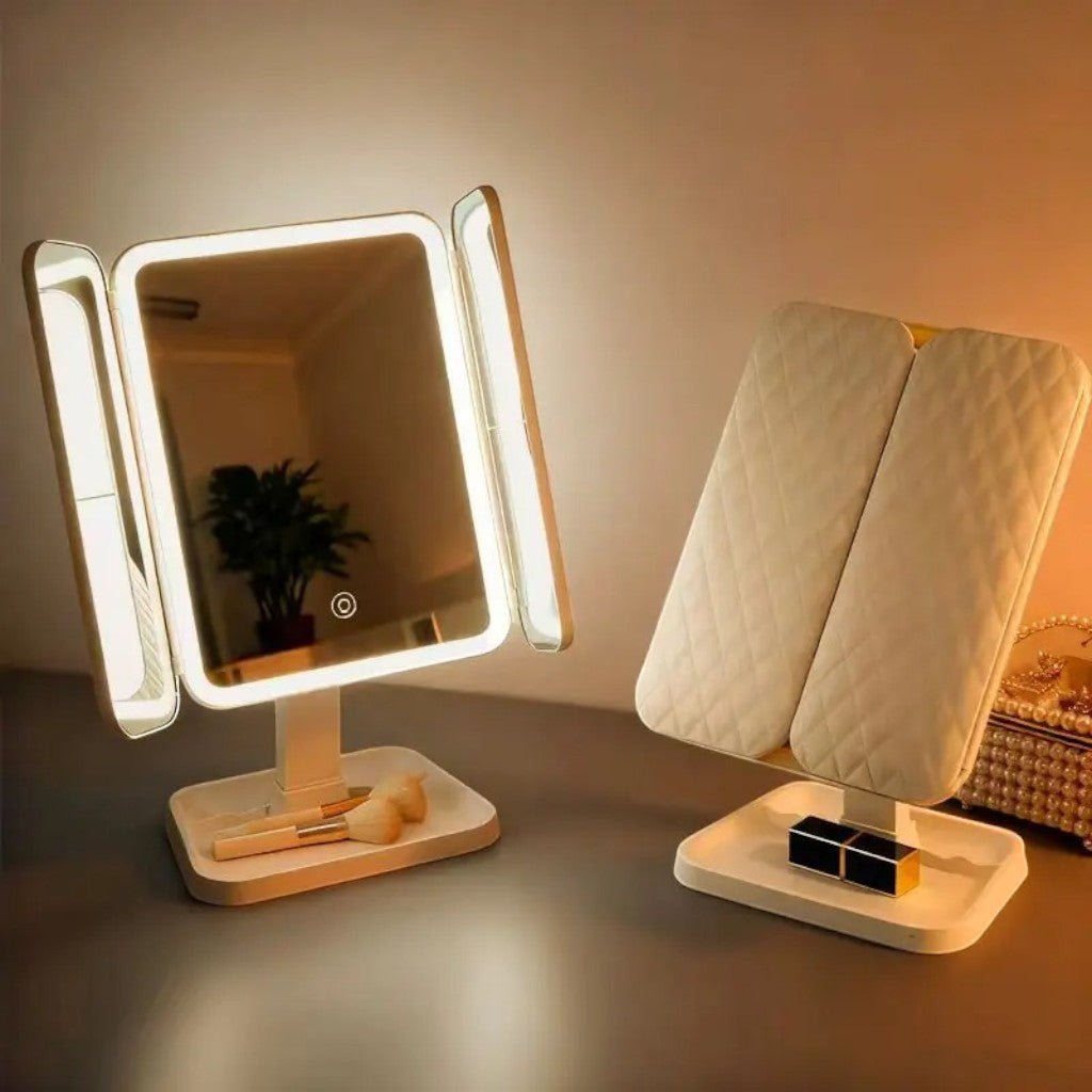 LED Vanity Mirror 4-Panel Fold-Out with 1X 2X 3X 10X Zoom Touch Control Rechargeable for Makeup Application