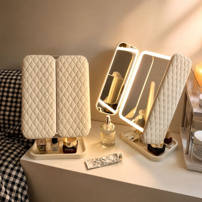 LED Vanity Mirror 4-Panel Fold-Out with 1X 2X 3X 10X Zoom Touch Control Rechargeable for Makeup Application