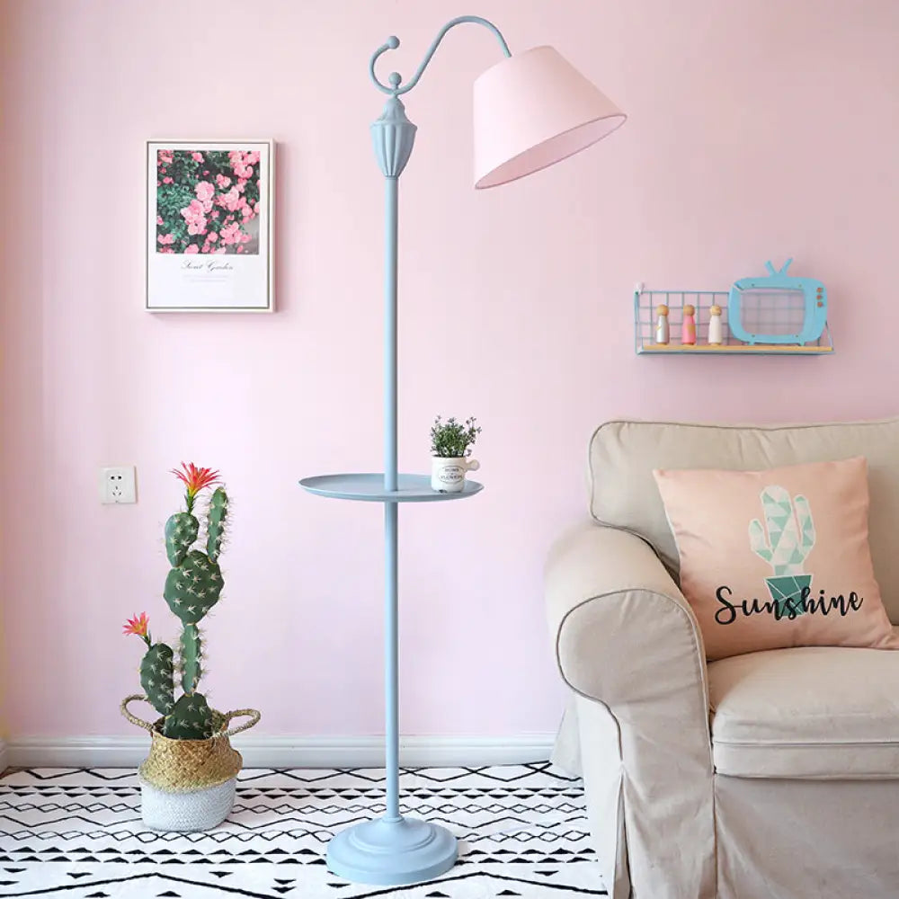 Tapered Drum Fabric Floor Lamp with Shelf in Pastel Colors for Kids Bedroom and Playroom | 63 Inch Tall Standing Light | US Standard E26