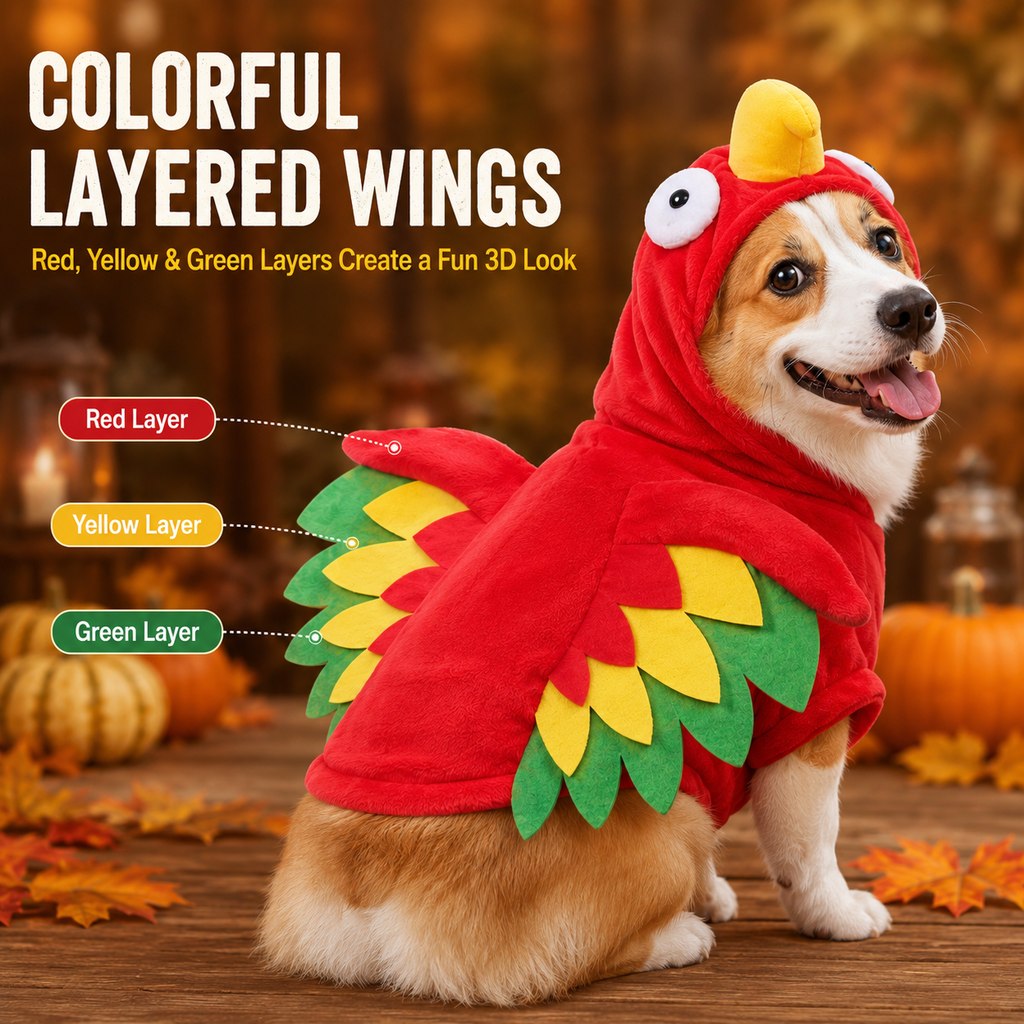 Ortekor Halloween Turkey Costume for Dogs & Cats - One-Piece Hooded Pet Outfit for Parties & Photos