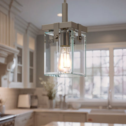 12-Inch Steel and Beveled Glass Hanging Light Fixture for Countertops, Dining Areas, and Hallways – Brushed Nickel Finish with Height-Adjust