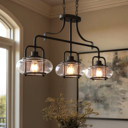 Three-Light Ceiling Fixture Steel & Textured Glass 38 in Wide Adjustable Height Bronze Finish Dining Room Hanging Light for Kitchen Island L