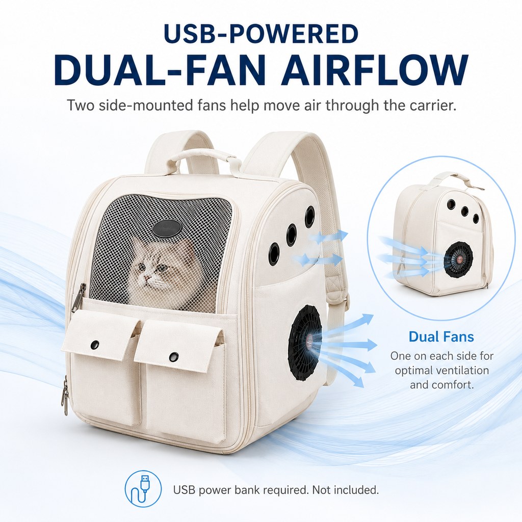 Ortekor USB-Powered Dual-Fan Cat Carrier Backpack for Vet Visits & Everyday Travel - Fan-Assisted Cooling for Less-Stuffy Trips