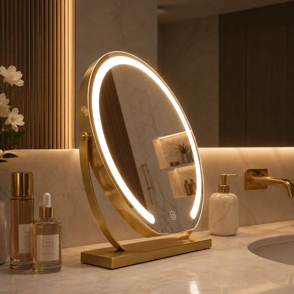 LED Lighted Makeup Mirror 15x Magnifying Touch Adjustable Brightness Vanity Desktop Gold Black White Rotating Frame 3 Light Modes for
