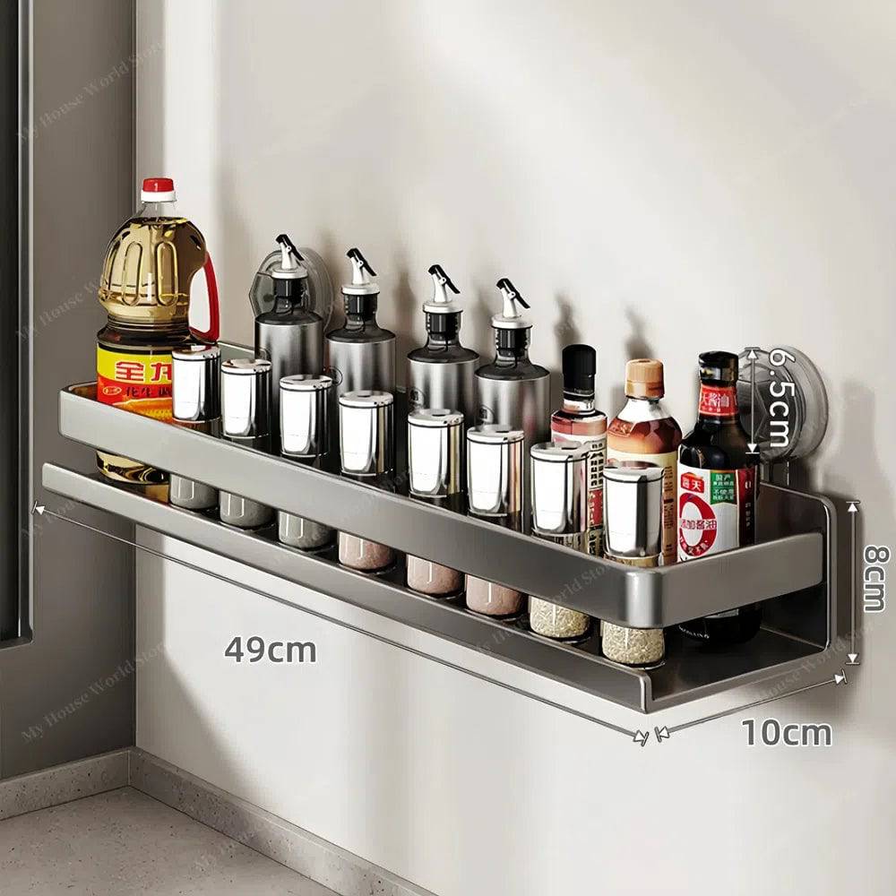 Stainless Steel Suction Cup Spice Shelf for Kitchen Walls – No-Drill Organizer Rack for Smooth Surfaces, Tiles & Glass – Adjustable