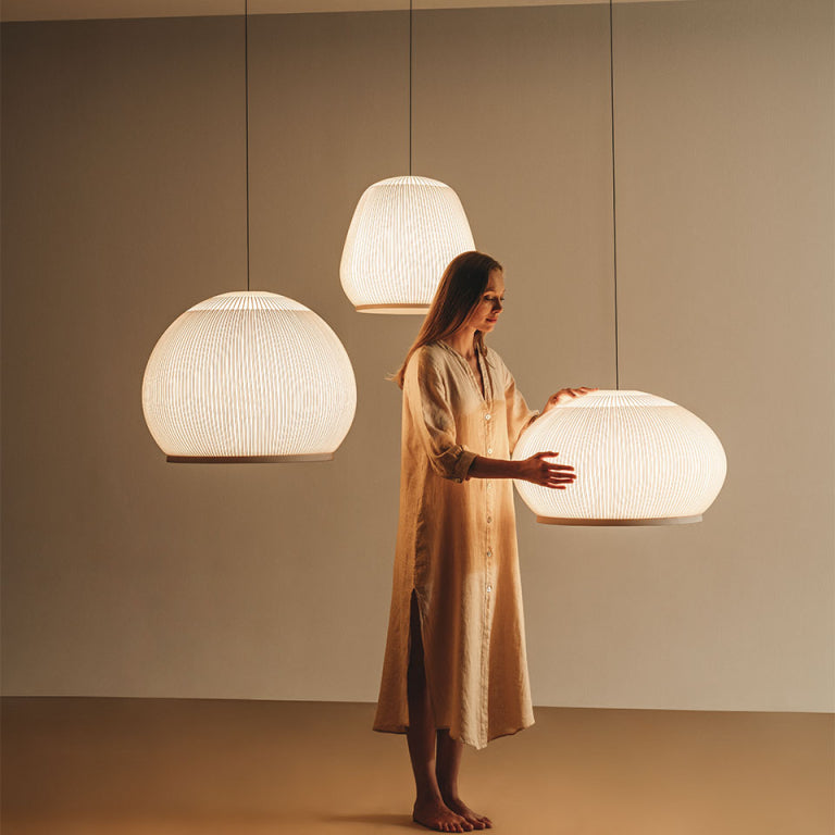 Ribbed Lycra Hanging Light Fixture – 18 in Round Dimmable LED Ceiling Pendant for Kitchen Island, Dining Table & Modern Living Areas