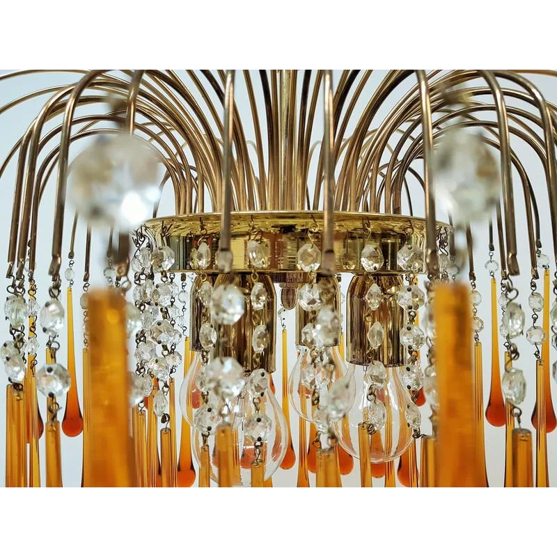 Handblown Honey-Tone Glass Hanging Chandelier with Gold Frame 24 in Adjustable Height for Dining Tables Kitchen Islands Hallways Art Deco Gl