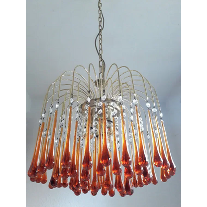 Handblown Honey-Tone Glass Hanging Chandelier with Gold Frame 24 in Adjustable Height for Dining Tables Kitchen Islands Hallways Art Deco Gl
