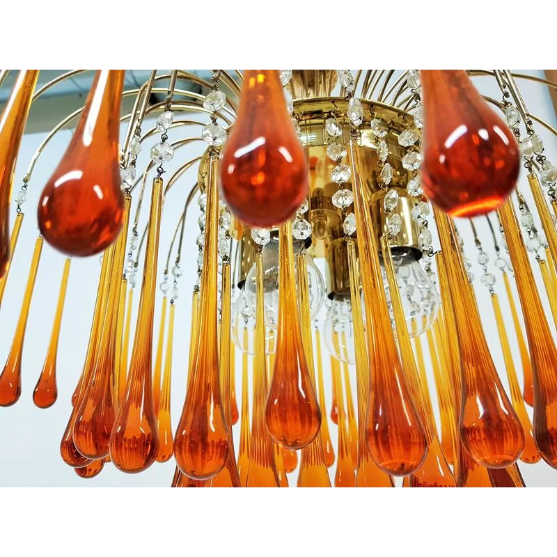 Handblown Honey-Tone Glass Hanging Chandelier with Gold Frame 24 in Adjustable Height for Dining Tables Kitchen Islands Hallways Art Deco Gl