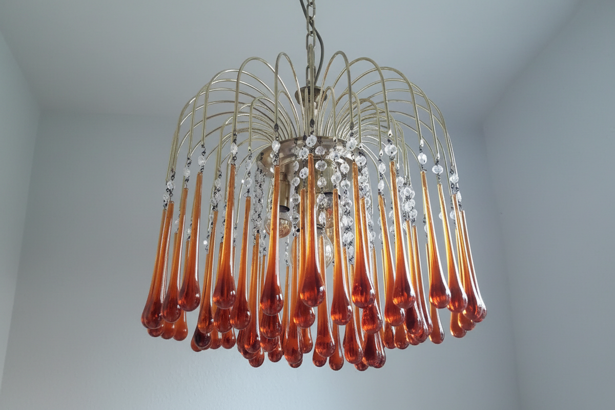 Handblown Honey-Tone Glass Hanging Chandelier with Gold Frame 24 in Adjustable Height for Dining Tables Kitchen Islands Hallways Art Deco Gl