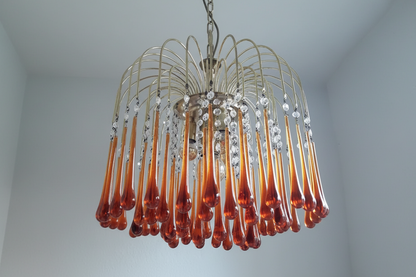 Handblown Honey-Tone Glass Hanging Chandelier with Gold Frame 24 in Adjustable Height for Dining Tables Kitchen Islands Hallways Art Deco Gl