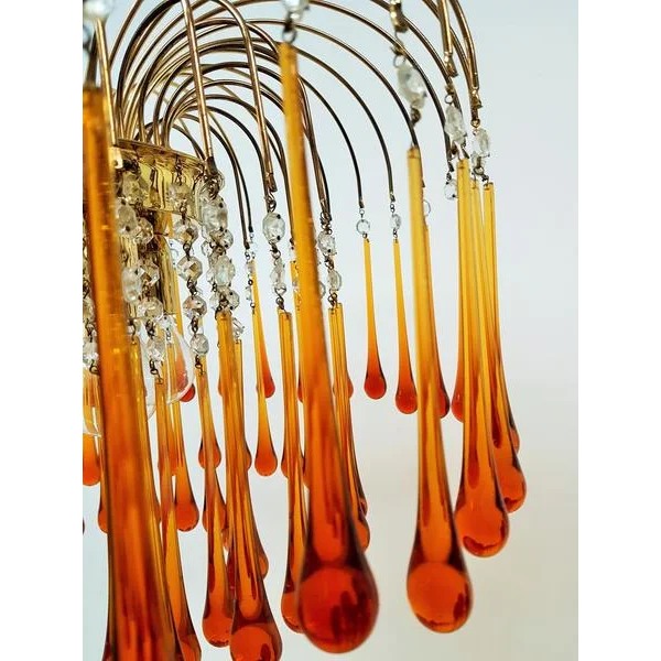 Handblown Honey-Tone Glass Hanging Chandelier with Gold Frame 24 in Adjustable Height for Dining Tables Kitchen Islands Hallways Art Deco Gl