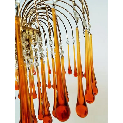 Handblown Honey-Tone Glass Hanging Chandelier with Gold Frame 24 in Adjustable Height for Dining Tables Kitchen Islands Hallways Art Deco Gl