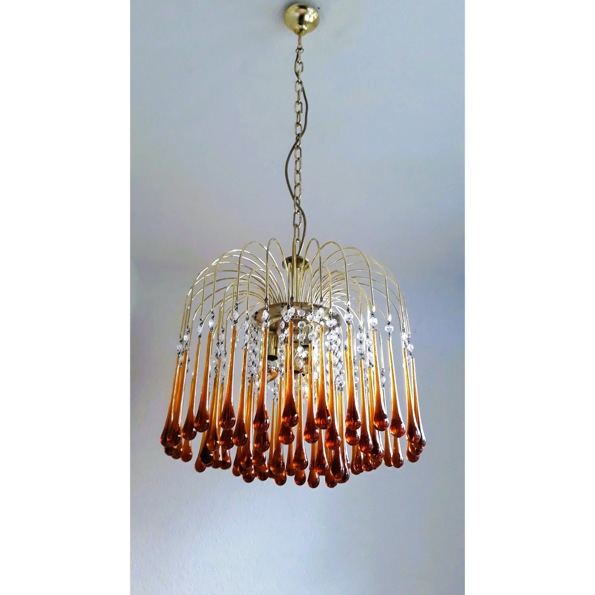 Handblown Honey-Tone Glass Hanging Chandelier with Gold Frame 24 in Adjustable Height for Dining Tables Kitchen Islands Hallways Art Deco Gl