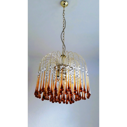 Handblown Honey-Tone Glass Hanging Chandelier with Gold Frame 24 in Adjustable Height for Dining Tables Kitchen Islands Hallways Art Deco Gl