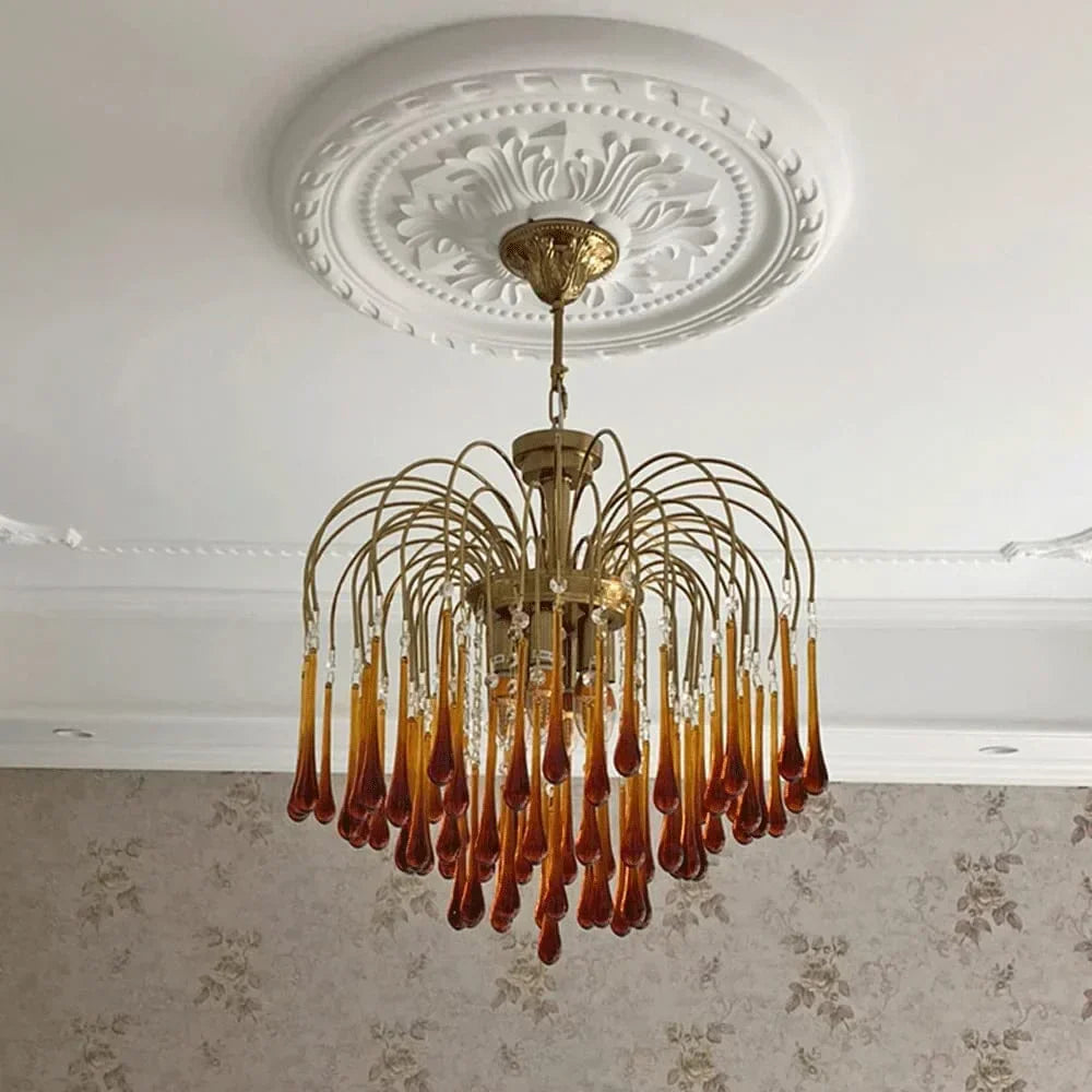 Handblown Honey-Tone Glass Hanging Chandelier with Gold Frame 24 in Adjustable Height for Dining Tables Kitchen Islands Hallways Art Deco Gl