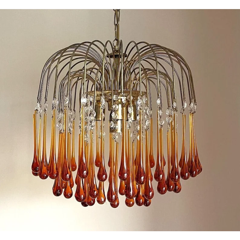 Handblown Honey-Tone Glass Hanging Chandelier with Gold Frame 24 in Adjustable Height for Dining Tables Kitchen Islands Hallways Art Deco Gl