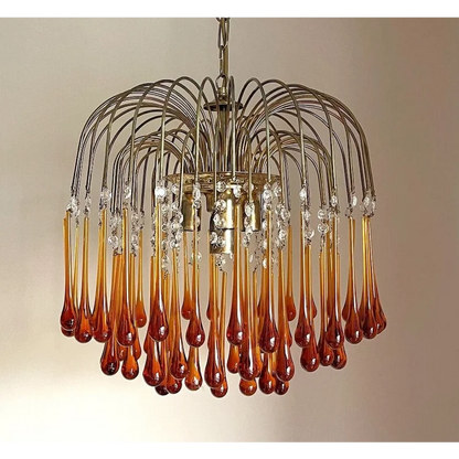 Handblown Honey-Tone Glass Hanging Chandelier with Gold Frame 24 in Adjustable Height for Dining Tables Kitchen Islands Hallways Art Deco Gl