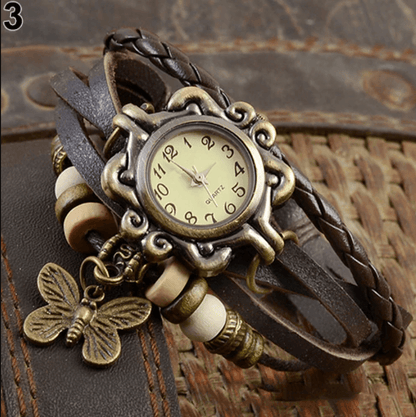 Layered Leather Wrap Watch for Women – Boho Leaf Charm Bracelet Timepiece for Everyday Style
