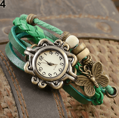 Layered Leather Wrap Watch for Women – Boho Leaf Charm Bracelet Timepiece for Everyday Style