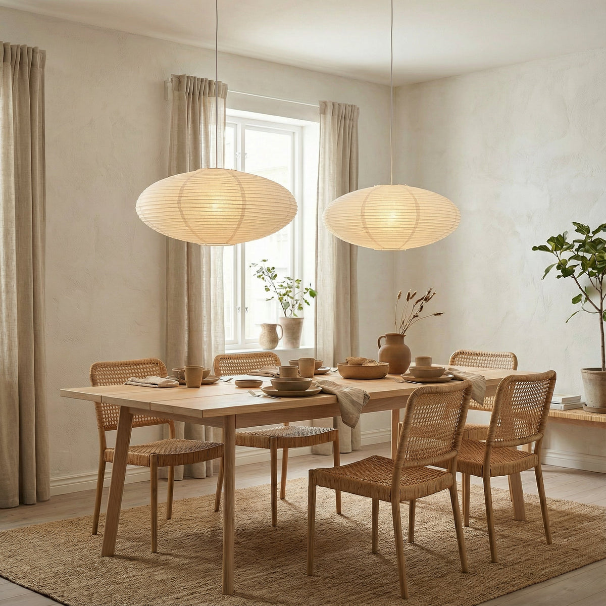 Paper Lantern Pendant Light E26 Minimalist Hanging Lamp for Dining Room Kitchen Island Adjustable Height Ceiling Fixture Natural Cotton