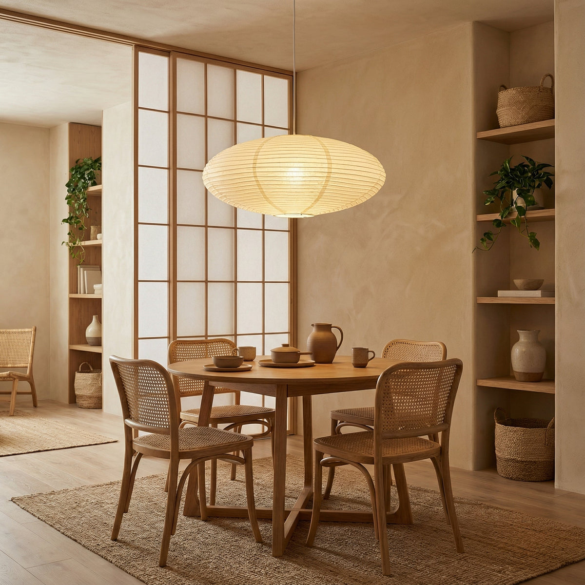 Paper Lantern Pendant Light E26 Minimalist Hanging Lamp for Dining Room Kitchen Island Adjustable Height Ceiling Fixture Natural Cotton