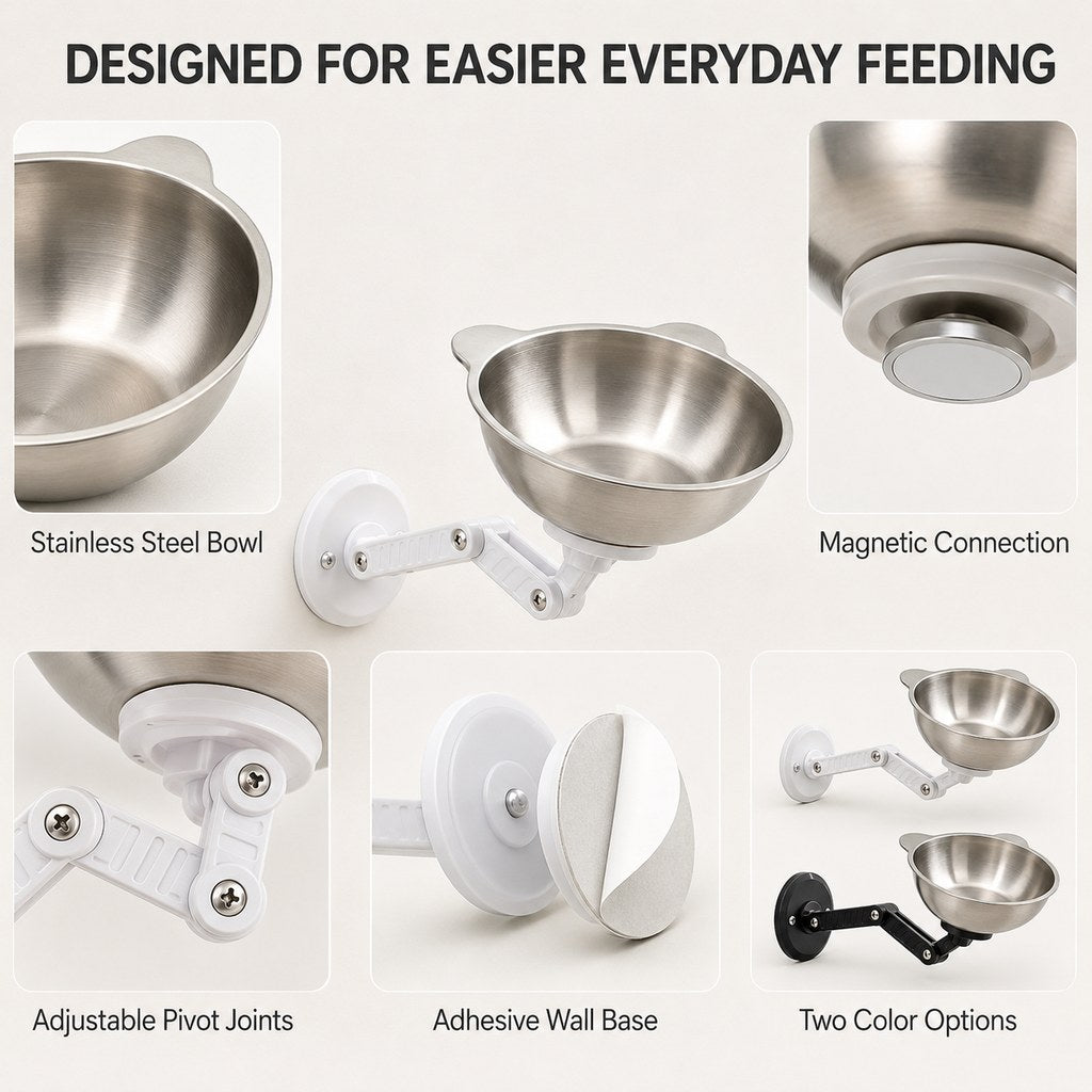 Ortekor Adjustable Wall-Mounted Pet Bowl for Cats & Small Dogs - Space-Saving Magnetic Stainless Steel Bowl