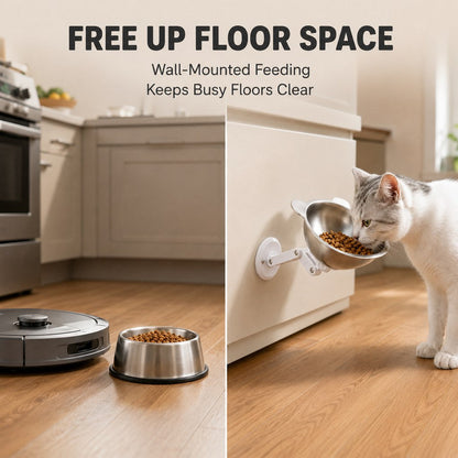 Ortekor Adjustable Wall-Mounted Pet Bowl for Cats & Small Dogs - Space-Saving Magnetic Stainless Steel Bowl