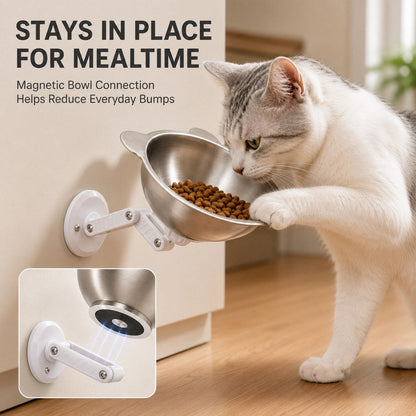 Ortekor Adjustable Wall-Mounted Pet Bowl for Cats & Small Dogs - Space-Saving Magnetic Stainless Steel Bowl