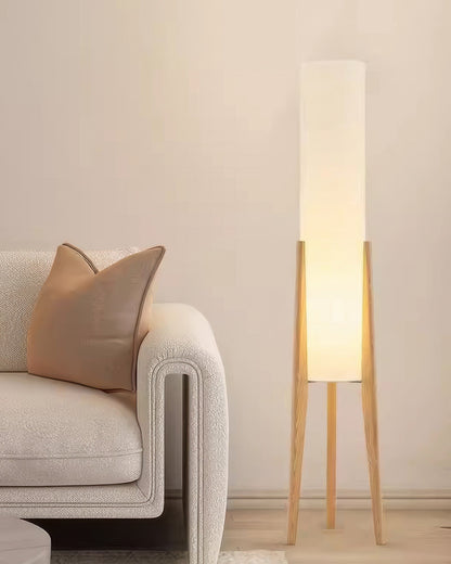Solid Wood Floor Lamp with Fabric Shade – Mid-Century Standing Light for Living Room & Bedroom – Natural Walnut Base – 12W LED