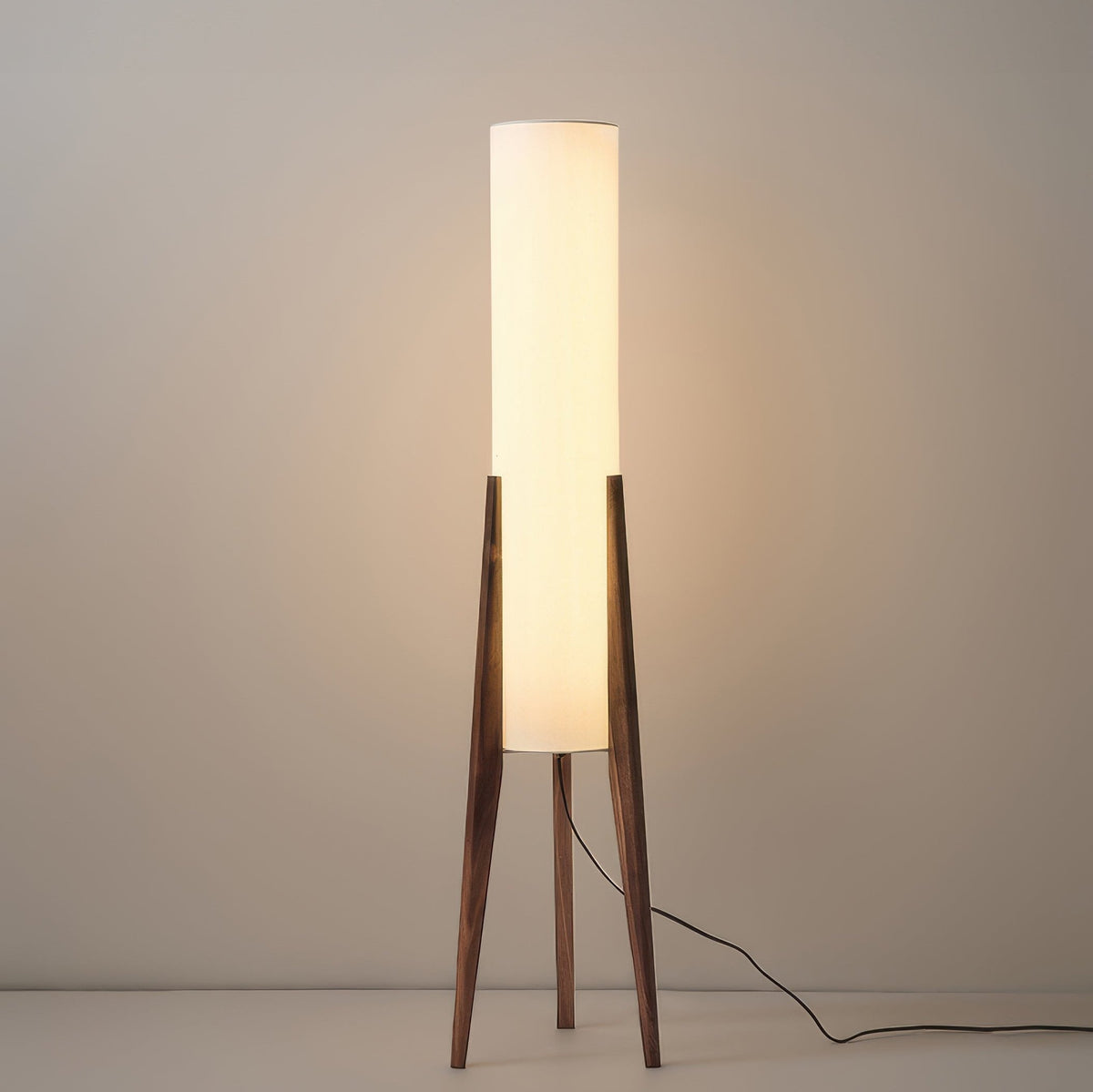 Solid Wood Floor Lamp with Fabric Shade – Mid-Century Standing Light for Living Room & Bedroom – Natural Walnut Base – 12W LED