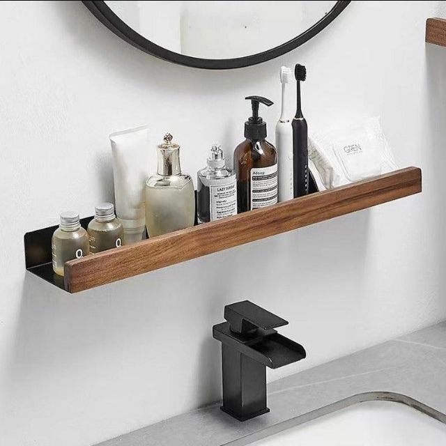 Floating Wood Shelf for Bathroom Wall – Adhesive Mount, Moisture Resistant, Compact Storage