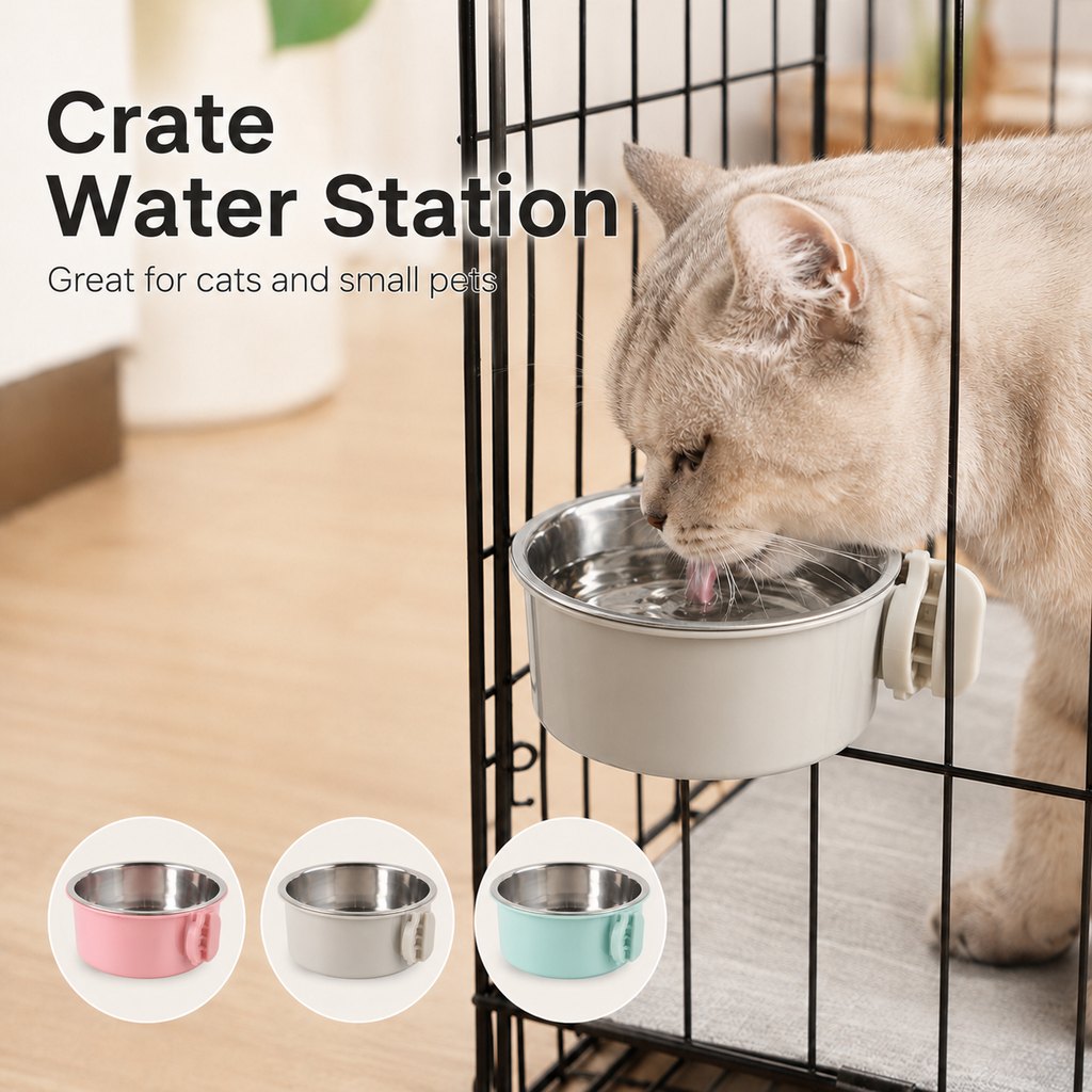 Ortekor Crate-Mounted Stainless Steel Pet Bowl for Dogs & Cats - Screw-On Food & Water Bowl for Cleaner Kennel Feeding