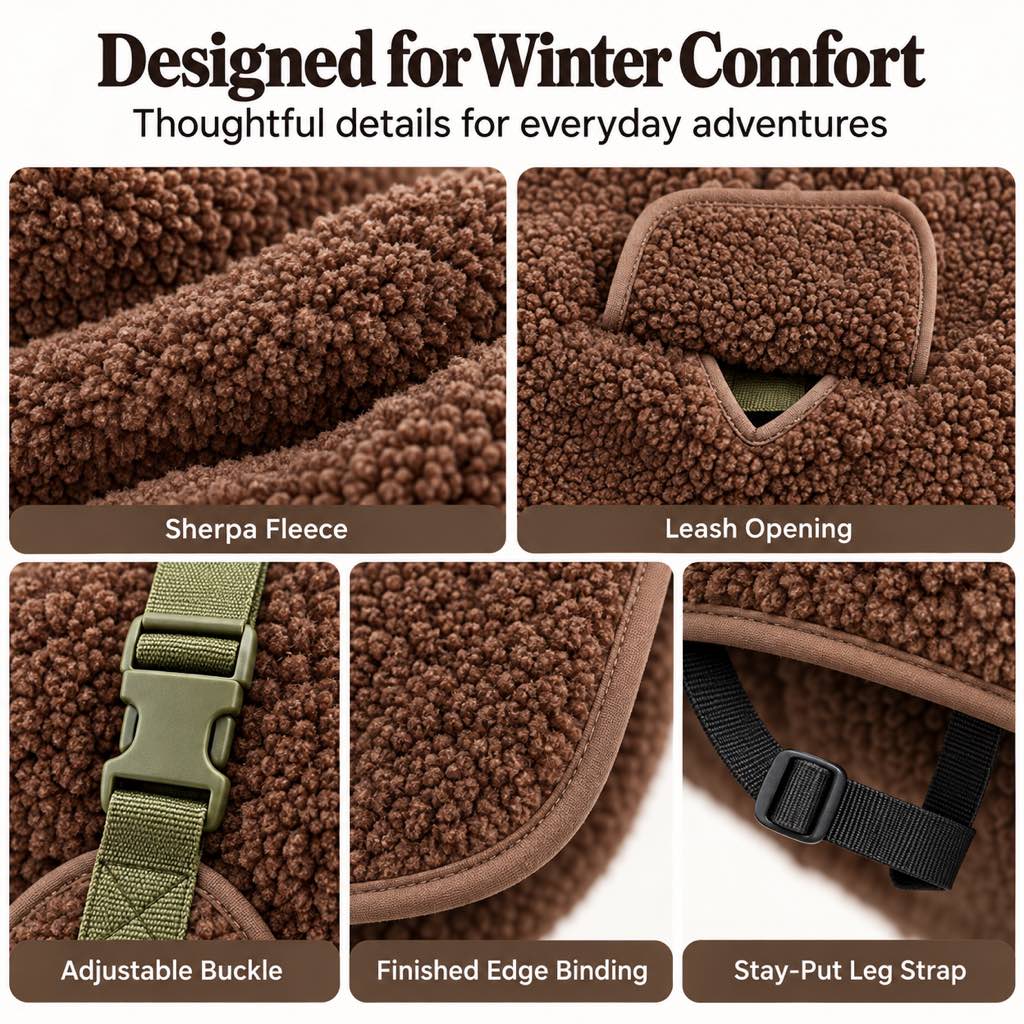 Ortekor Sherpa Fleece Dog Winter Coat with Adjustable Fit & Leash Opening, Warm Outdoor Jacket for Cold Weather Walks, Hiking and Camping